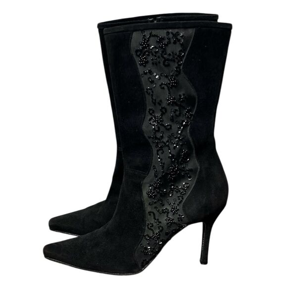 Stuart Weitzman Black Beaded Suede Mid-Calf Pointed Boots Vintage 9.5 Witchycore - Picture 3 of 7